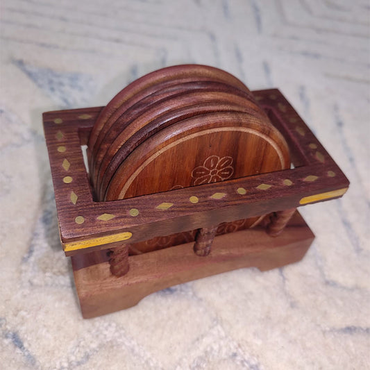 Handcrafted Wooden Round Coaster Set with Decorative Holder | Traditional Drink Mats