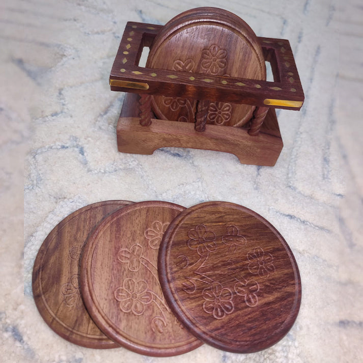 Handcrafted Wooden Round Coaster Set with Decorative Holder | Traditional Drink Mats