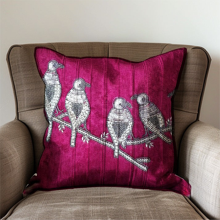 Embroidered Bird Design Cushion Cover – Burgundy