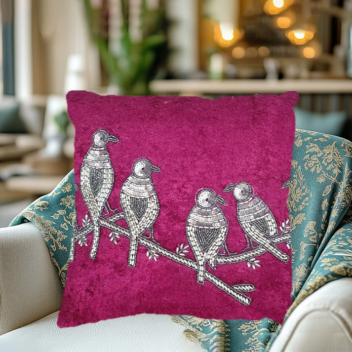 Embroidered Bird Design Cushion Cover – Burgundy