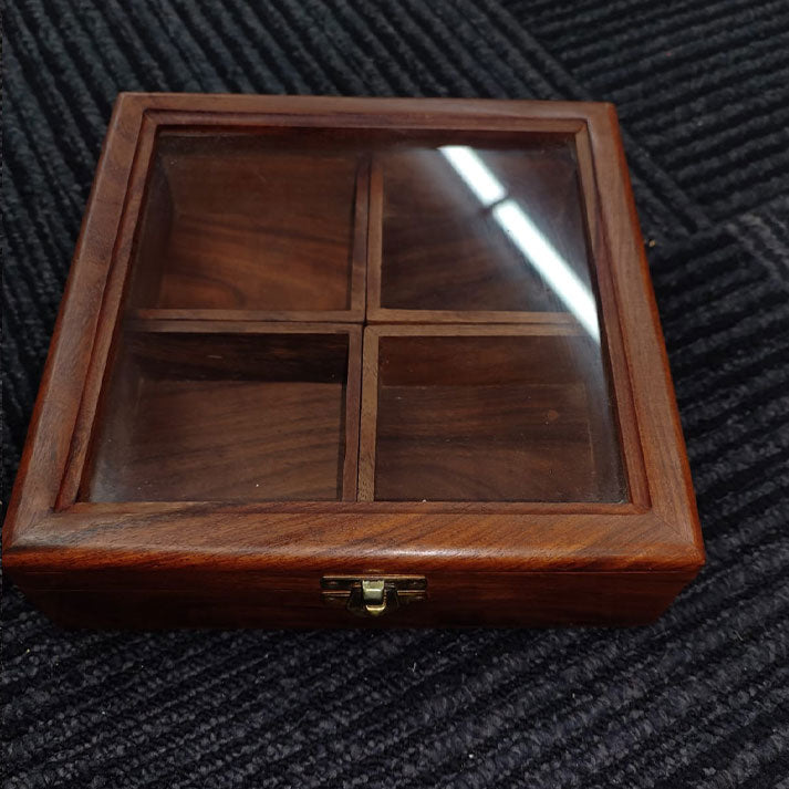 Wooden Storage Box with Glass Lid and 4 Compartments – Elegant Organizer for Jewelry or Spices