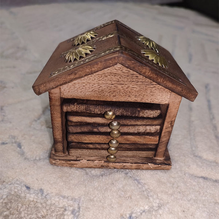 Handcrafted Wooden Coaster Set with Brass Inlay & Hut-Shaped Holder