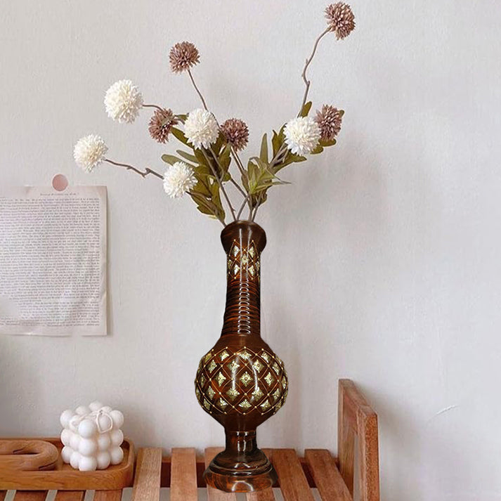 Exquisite Handcrafted Wooden Vase with Golden Brass Detailing