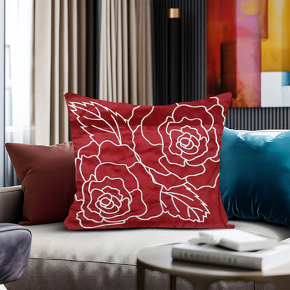 Red Satin Cushion Cover with White Rose Outline Embroidery