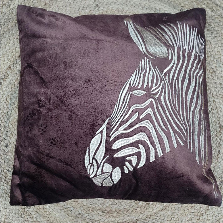Zebra Embroidered Velvet Pillow in Deep Brown