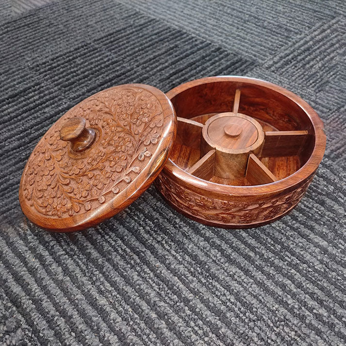 Handcrafted Wooden Spice Box with Floral Carving | 5-Compartment Masala Organizer