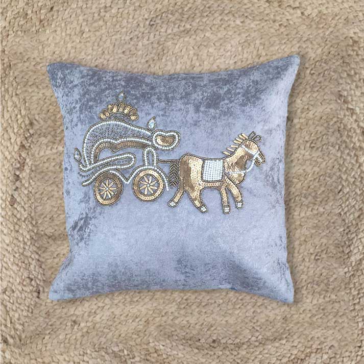 Elegant Grey Velvet Cushion with Embroidered Horse Carriage Design – Decorative Throw Pillow