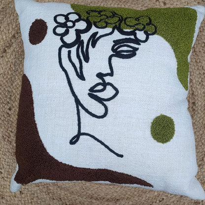 Abstract Line Art Pillow with Floral Design and Earthy Tones
