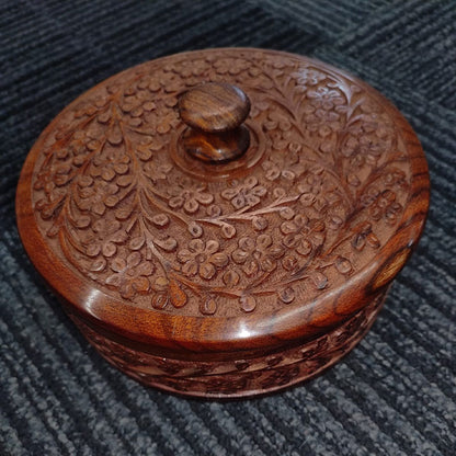 Handcrafted Wooden Spice Box with Floral Carving | 5-Compartment Masala Organizer