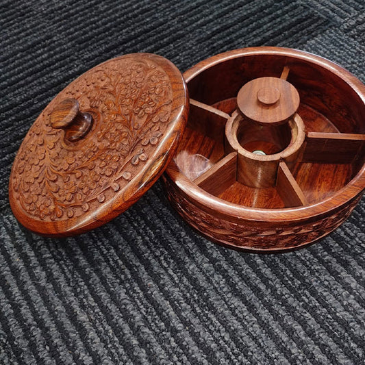 Handcrafted Wooden Spice Box with Floral Carving | 5-Compartment Masala Organizer