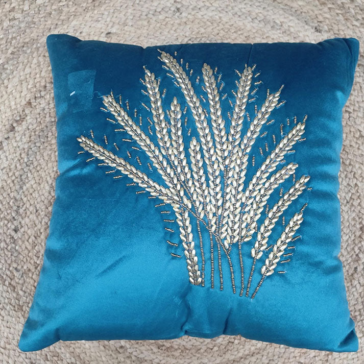 Elegant Blue Velvet Cushion with Wheat Embroidery Design