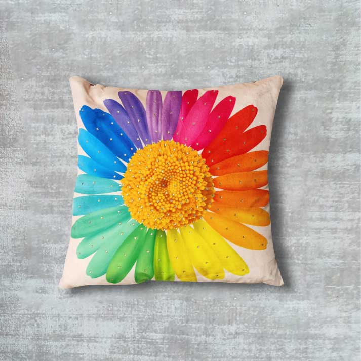 Cushion with Rainbow Daisy Print – Decorative & Vibrant Design