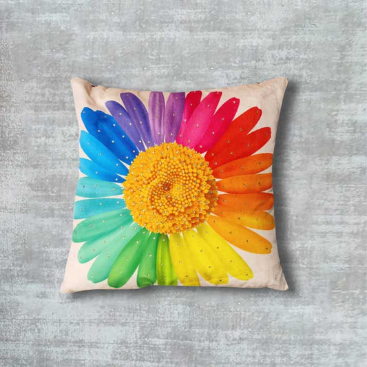 Cushion with Rainbow Daisy Print – Decorative & Vibrant Design