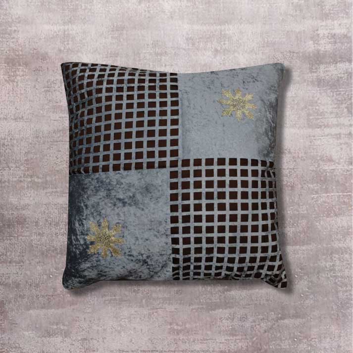 Cushion with Grey Velvet Checks and Golden Embroidery – Modern Designer Pillow