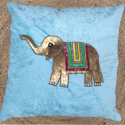 Decorative Elephant Sequin Pillow Cover in Blue