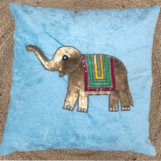 Decorative Elephant Sequin Pillow Cover in Blue