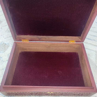 Handcrafted Wooden Jewelry Box with Brass Inlay and Intricate Carving