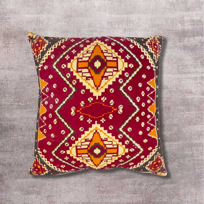 Cushion with Bold Maroon Tribal Motif – Ethnic Patterned Decor Pillow