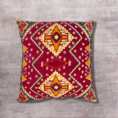 Cushion with Bold Maroon Tribal Motif – Ethnic Patterned Decor Pillow