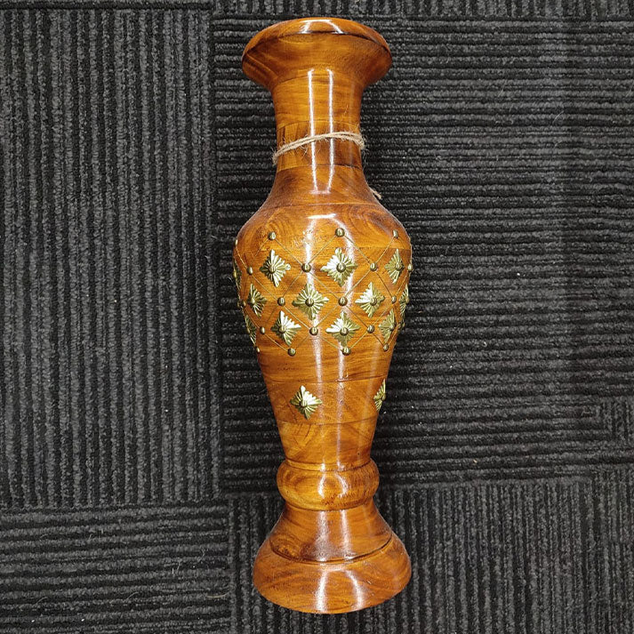 Elegant Handcrafted Wooden Vase with Brass Detailing