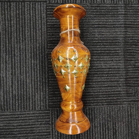 Elegant Handcrafted Wooden Vase with Brass Detailing