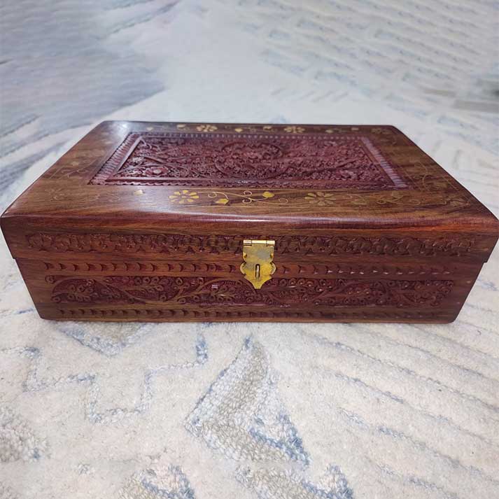 Handcrafted Wooden Jewelry Box with Brass Inlay and Intricate Carving