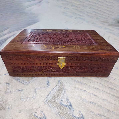 Handcrafted Wooden Jewelry Box with Brass Inlay and Intricate Carving