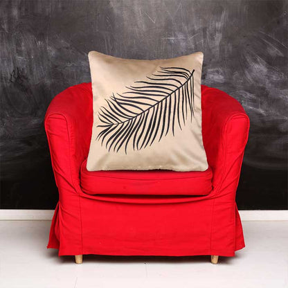 Beige Cushion Cover with Black Leaf Print – 40x40 cm with Filler Included