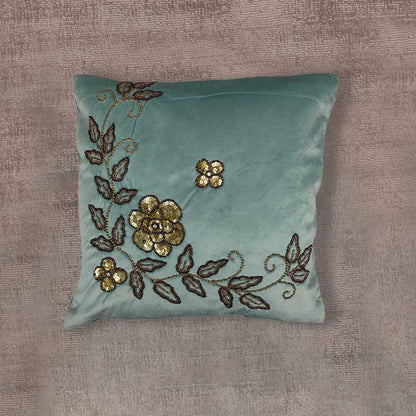 Elegant Teal Velvet Cushion with Gold Floral Embroidery – Decorative Throw Pillow
