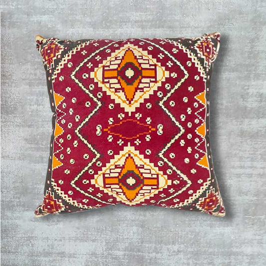Cushion with Bold Maroon Tribal Motif – Ethnic Patterned Decor Pillow