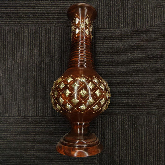 Exquisite Handcrafted Wooden Vase with Golden Brass Detailing