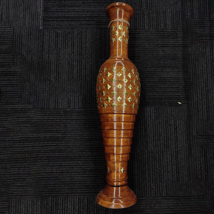 Elegant Spiral-Design Wooden Vase with Brass Embellishments