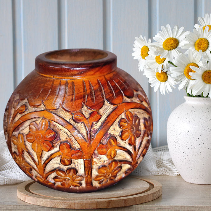 Decorative Wooden Pot with Floral Engraving – Handcrafted Art Piece