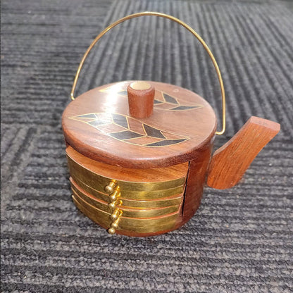Wooden Teapot-Shaped Coaster Set with Brass Inlay | Handcrafted Table Décor