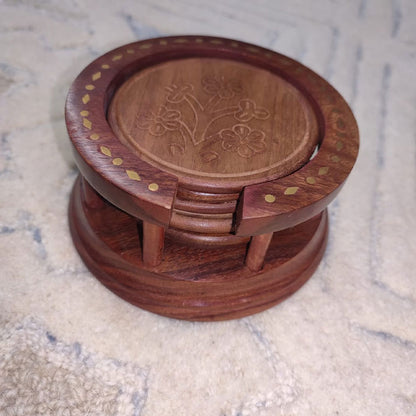 Handcrafted Round Wooden Coaster Set with Holder – Floral Carving & Brass Inlay