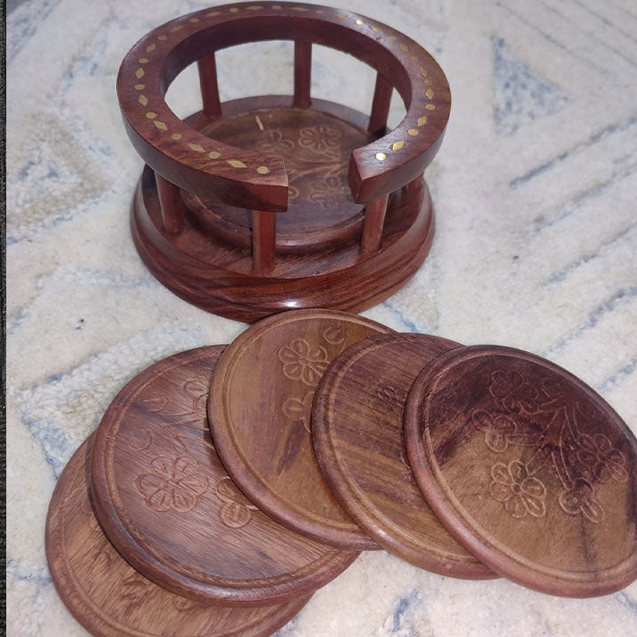 Handcrafted Round Wooden Coaster Set with Holder – Floral Carving & Brass Inlay