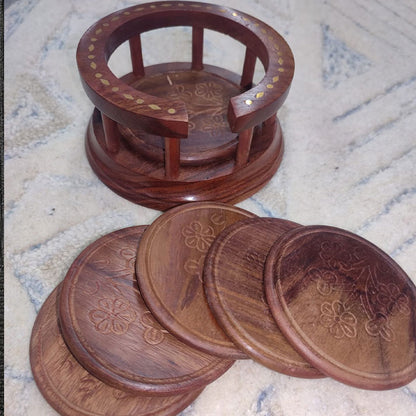 Handcrafted Round Wooden Coaster Set with Holder – Floral Carving & Brass Inlay