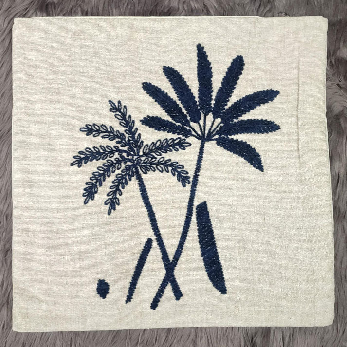 Palm Tree Embroidered Cushion Cover in Beige and Navy