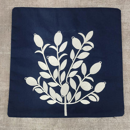 Navy Blue Cushion Cover with White Olive Tree Embroidery
