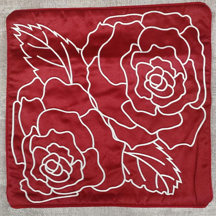 Red Satin Cushion Cover with White Rose Outline Embroidery