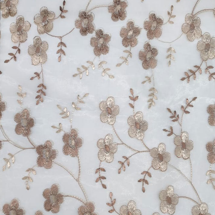 Delicate Blossoms on Sheer Fabric: Golden Floral Embroidery Pattern