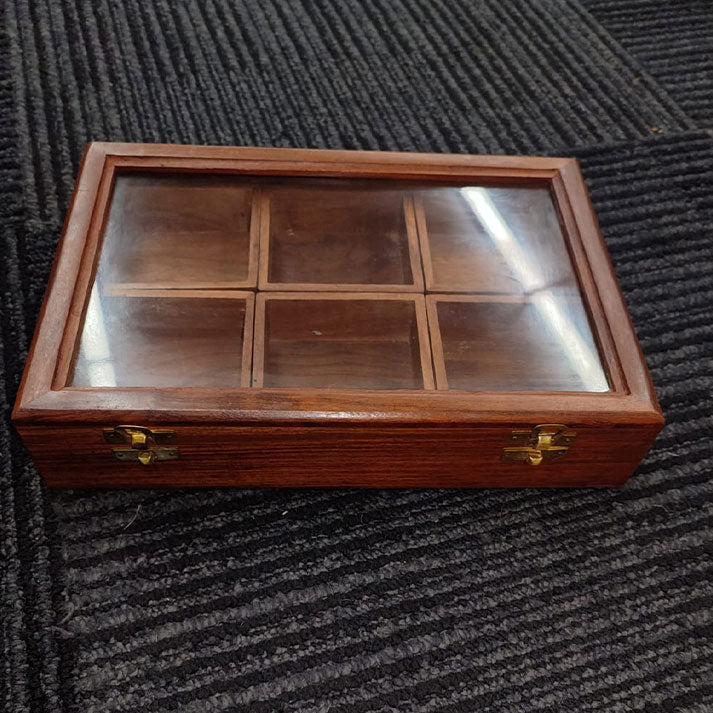 Wooden Display Box with Glass Lid and 6 Compartments