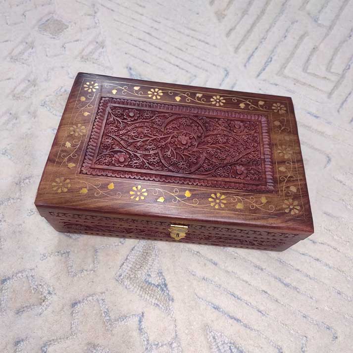 Handcrafted Wooden Jewelry Box with Brass Inlay and Intricate Carving