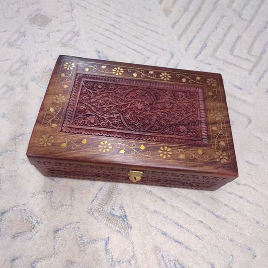 Handcrafted Wooden Jewelry Box with Brass Inlay and Intricate Carving