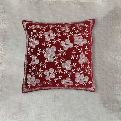 Luxurious Red Velvet Cushion with White Floral Embroidery –with Filler Included
