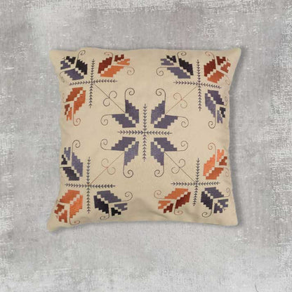 Embroidered Beige Cushion Cover with Geometric Floral Pattern – Handcrafted Home Décor