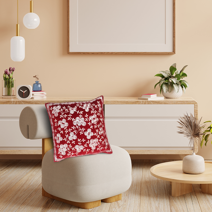Luxurious Red Velvet Cushion with White Floral Embroidery –with Filler Included