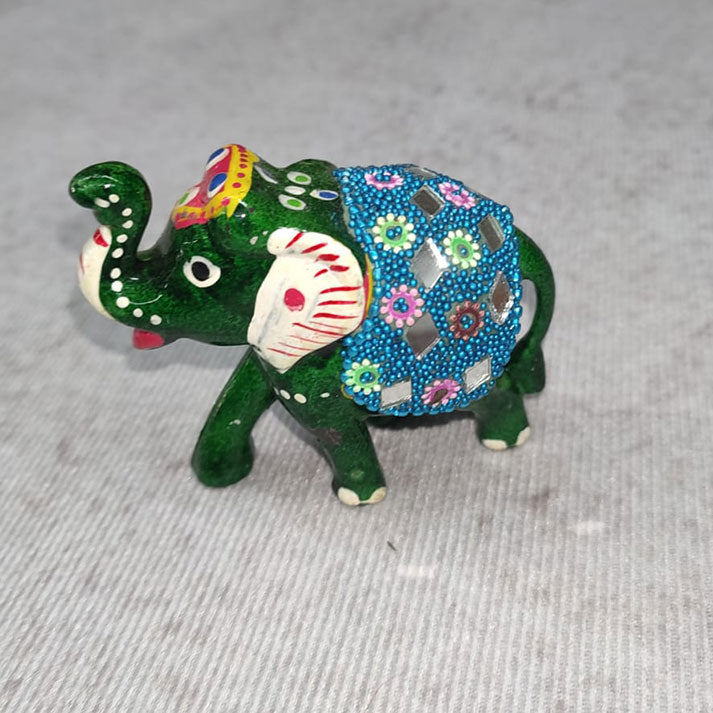 Handcrafted Green Elephant Figurine with Beaded Blue Saddle and Mirror Inlay