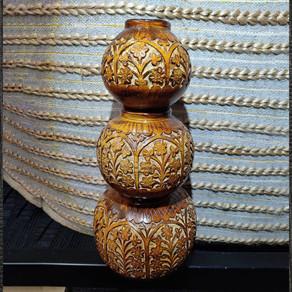 Hand-Carved Wooden Flower Vases – Intricate Floral Decorative Pots Set of 3