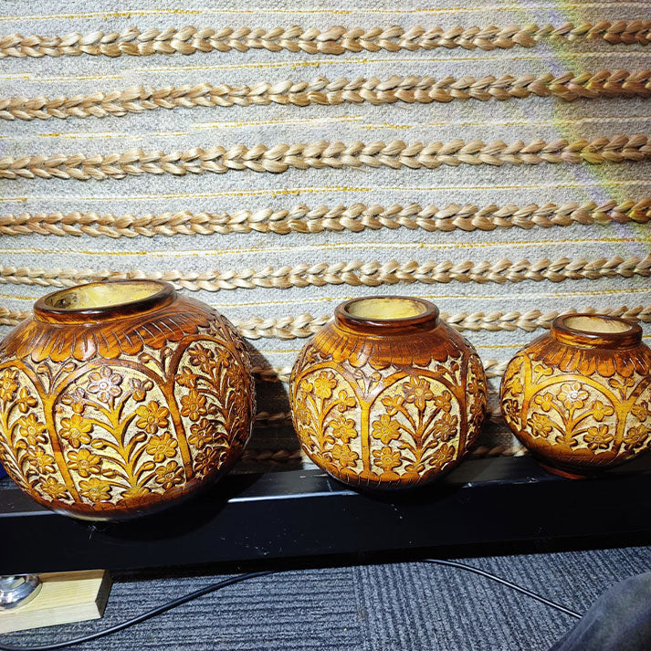 Hand-Carved Wooden Flower Vases – Intricate Floral Decorative Pots Set of 3